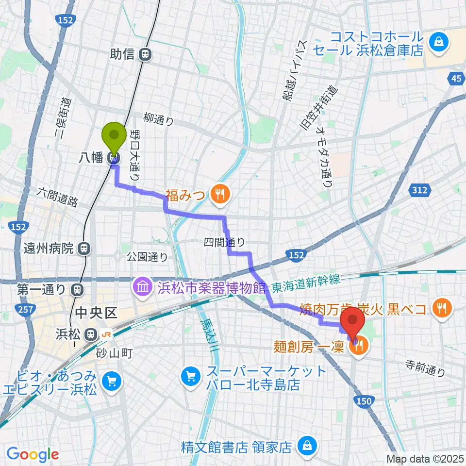 八幡駅から名塚センター ヤマハミュージックへのルートマップ地図