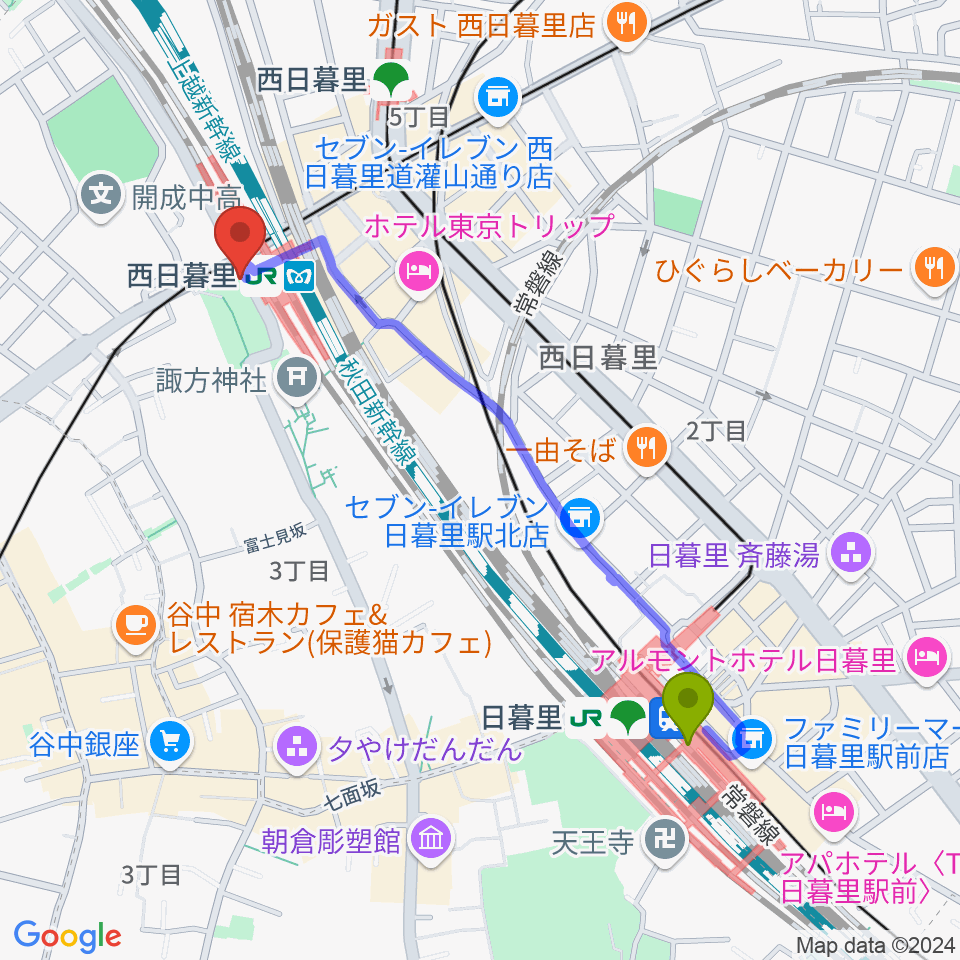 日暮里駅からI.G.Oスタジオへのルートマップ地図