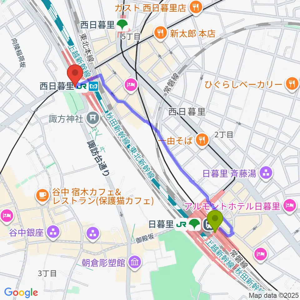 日暮里駅からI.G.Oスタジオへのルートマップ地図