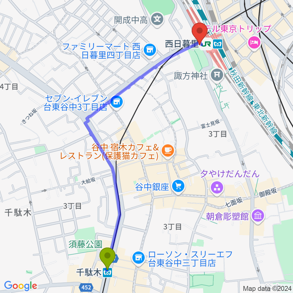 千駄木駅からI.G.Oスタジオへのルートマップ地図