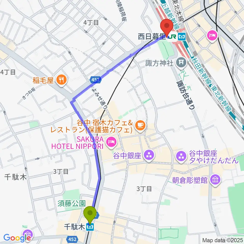 千駄木駅からI.G.Oスタジオへのルートマップ地図