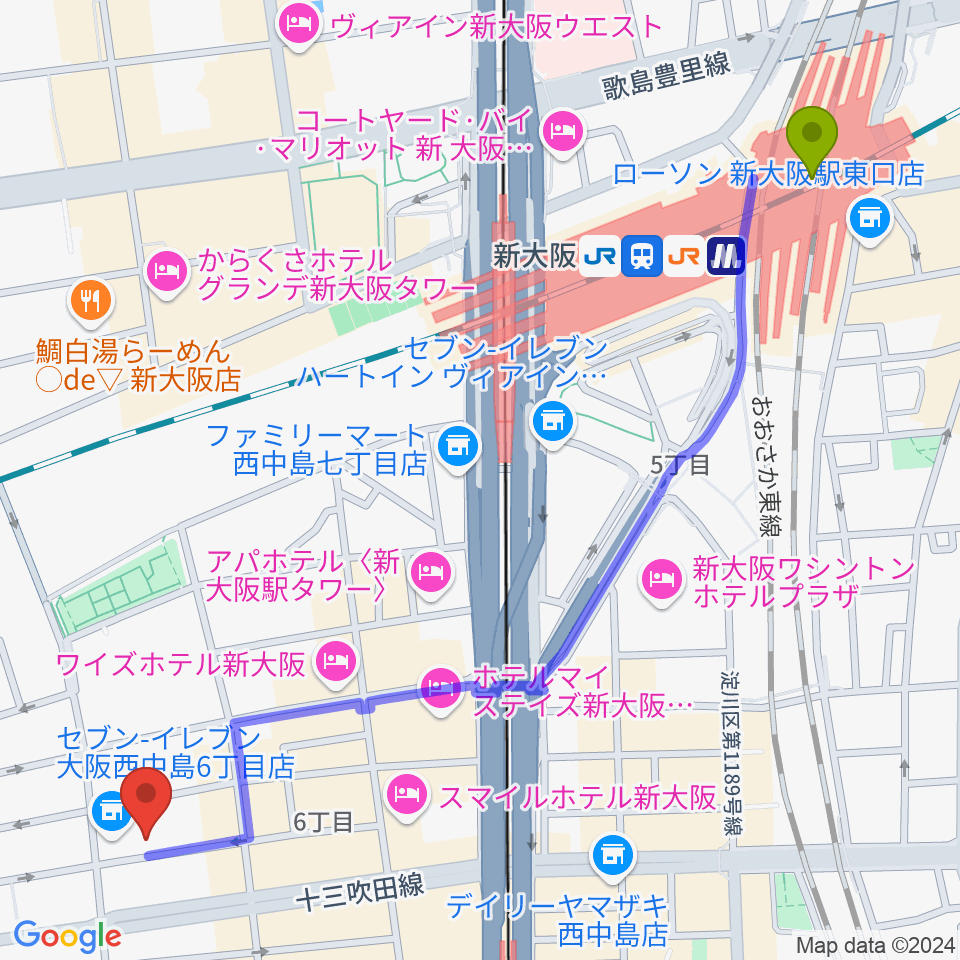 新大阪駅からアトリエアルファ 木管楽器専門店へのルートマップ地図