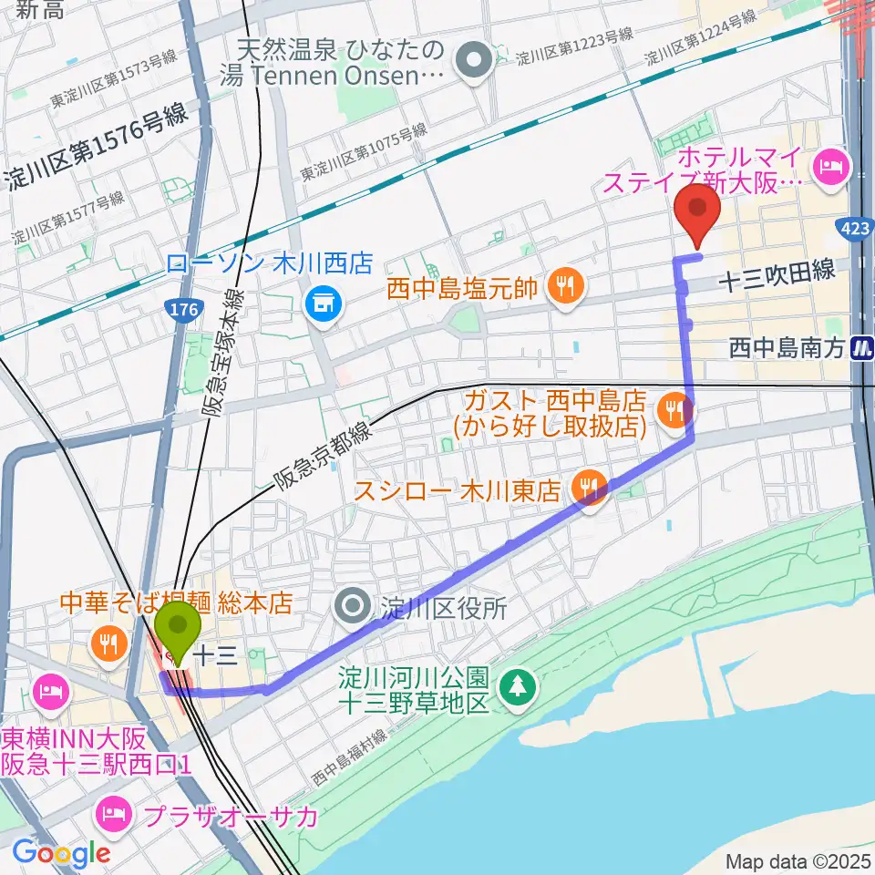 十三駅からアトリエアルファ 木管楽器専門店へのルートマップ地図