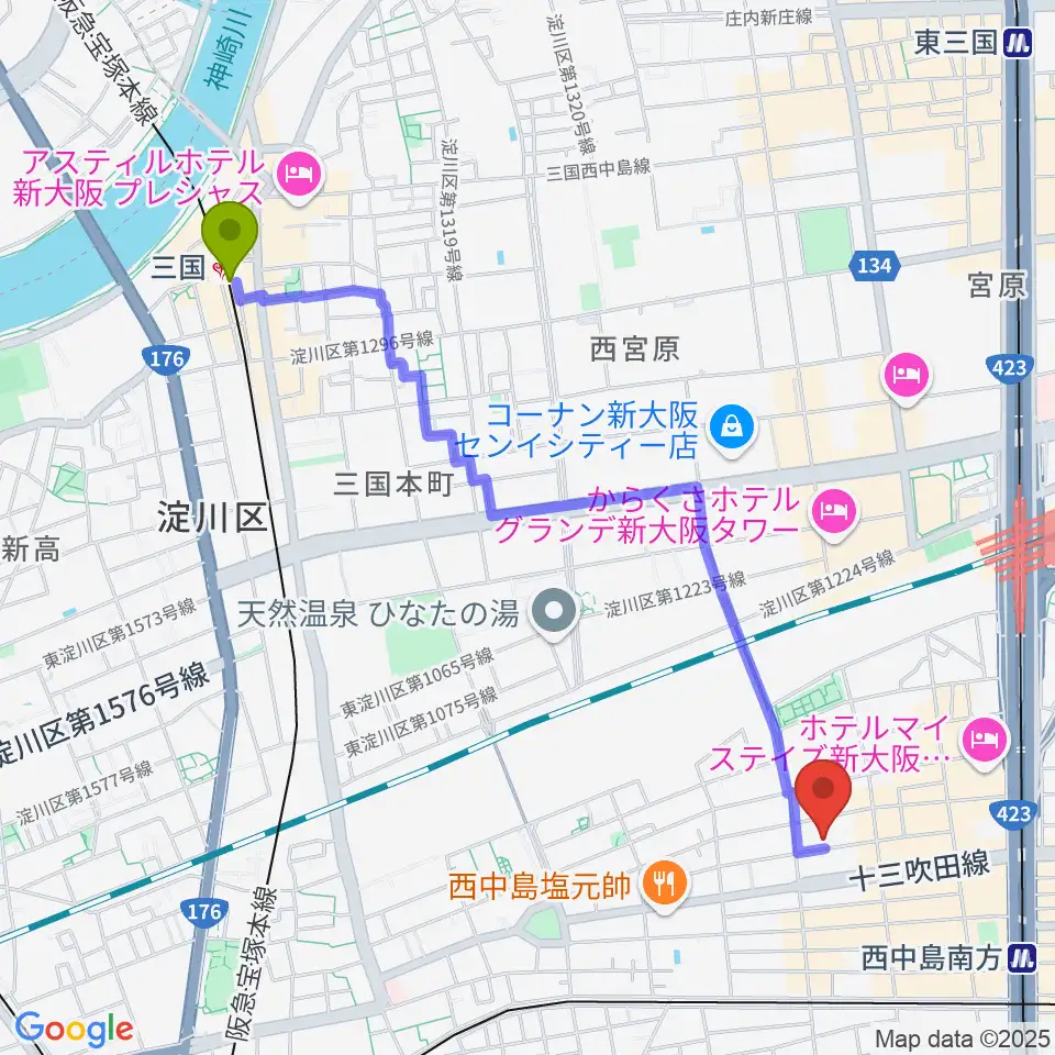 三国駅からアトリエアルファ 木管楽器専門店へのルートマップ地図