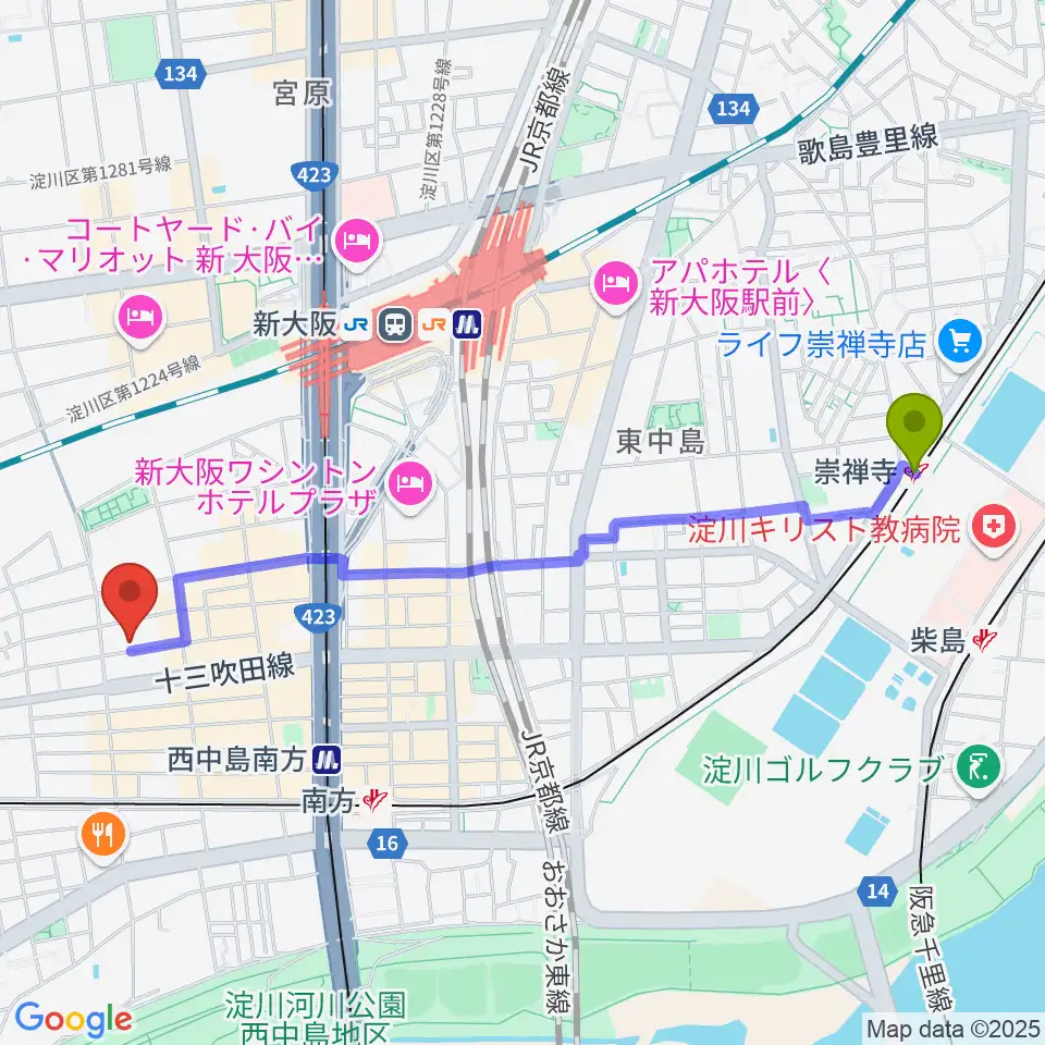 崇禅寺駅からアトリエアルファ 木管楽器専門店へのルートマップ地図