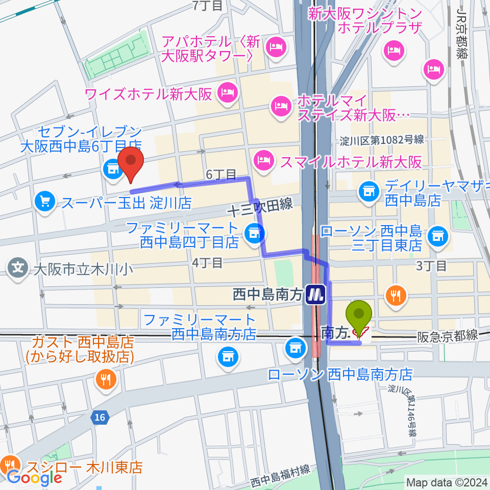 アトリエアルファ 木管楽器専門店の最寄駅南方駅からの徒歩ルート（約9分）地図