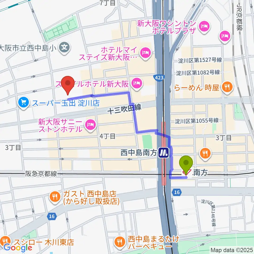 アトリエアルファ 木管楽器専門店の最寄駅南方駅からの徒歩ルート（約9分）地図