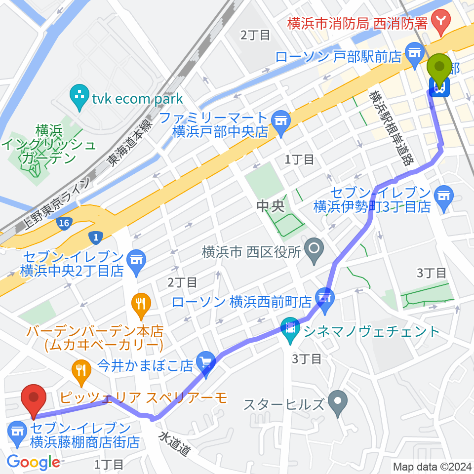戸部駅からどれみきょうしつ西横浜へのルートマップ地図