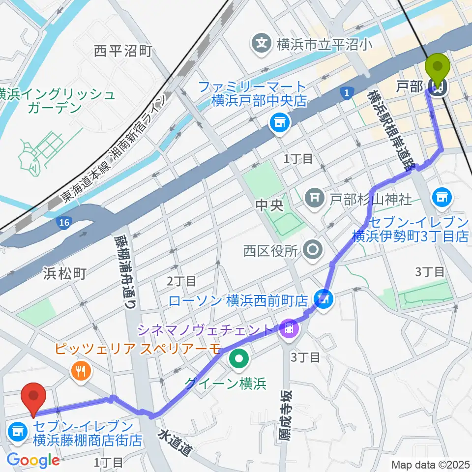 戸部駅からどれみきょうしつ西横浜へのルートマップ地図