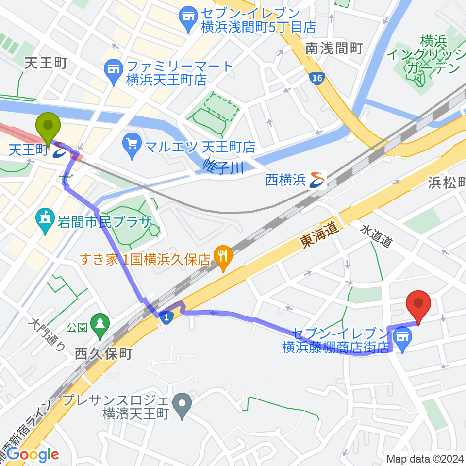 天王町駅からどれみきょうしつ西横浜へのルートマップ地図