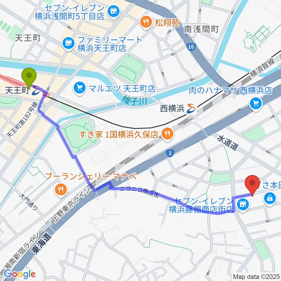 天王町駅からどれみきょうしつ西横浜へのルートマップ地図