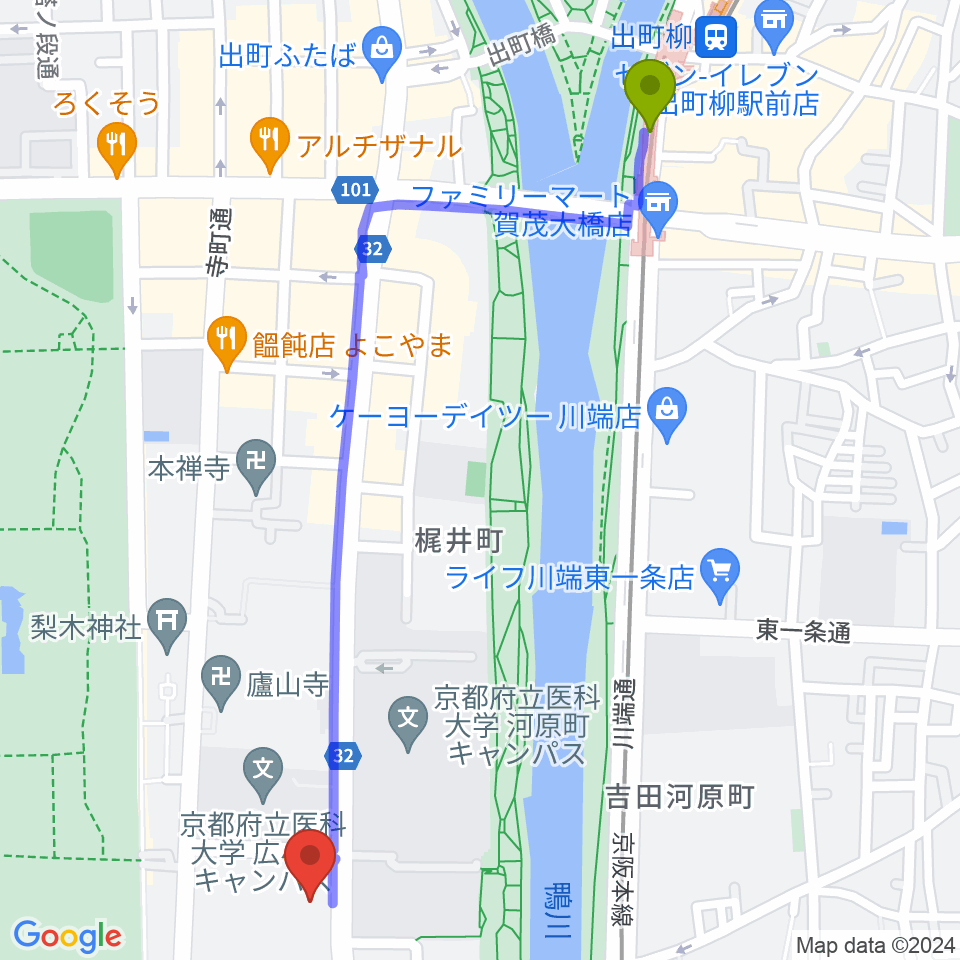 出町柳駅から京都府立文化芸術会館へのルートマップ地図