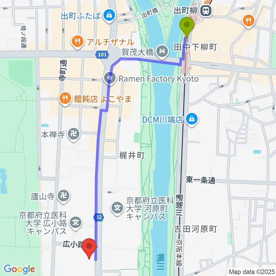 出町柳駅から京都府立文化芸術会館へのルートマップ地図