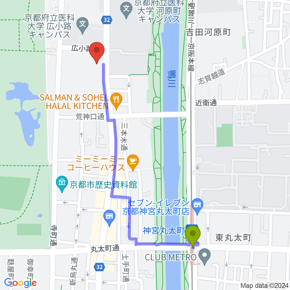 京都府立文化芸術会館の最寄駅神宮丸太町駅からの徒歩ルート（約11分）地図