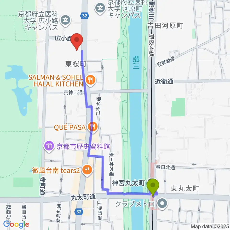 京都府立文化芸術会館の最寄駅神宮丸太町駅からの徒歩ルート（約11分）地図