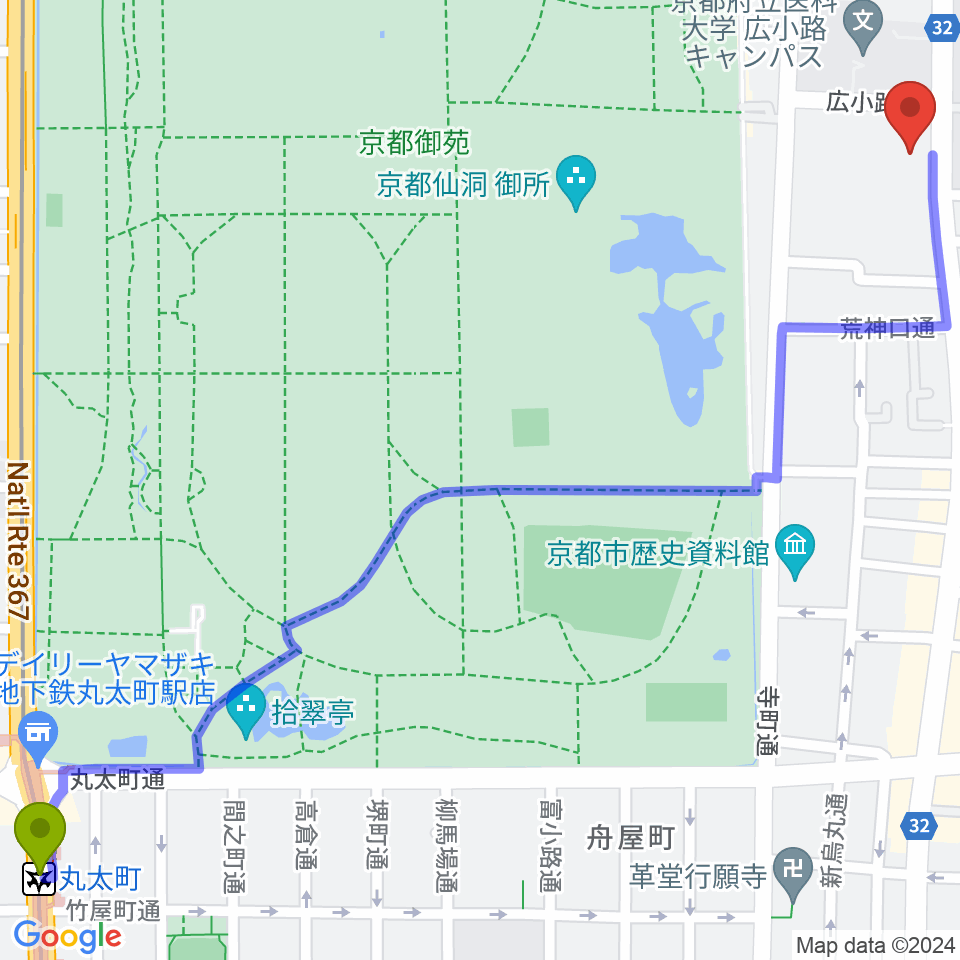 丸太町駅から京都府立文化芸術会館へのルートマップ地図