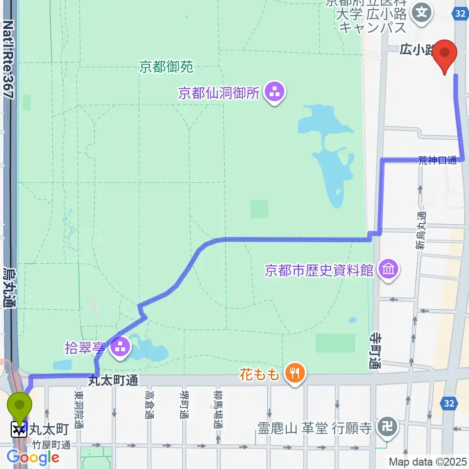 丸太町駅から京都府立文化芸術会館へのルートマップ地図