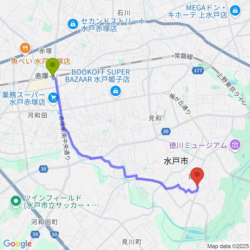 赤塚駅からフェリーチェ音楽教室へのルートマップ地図