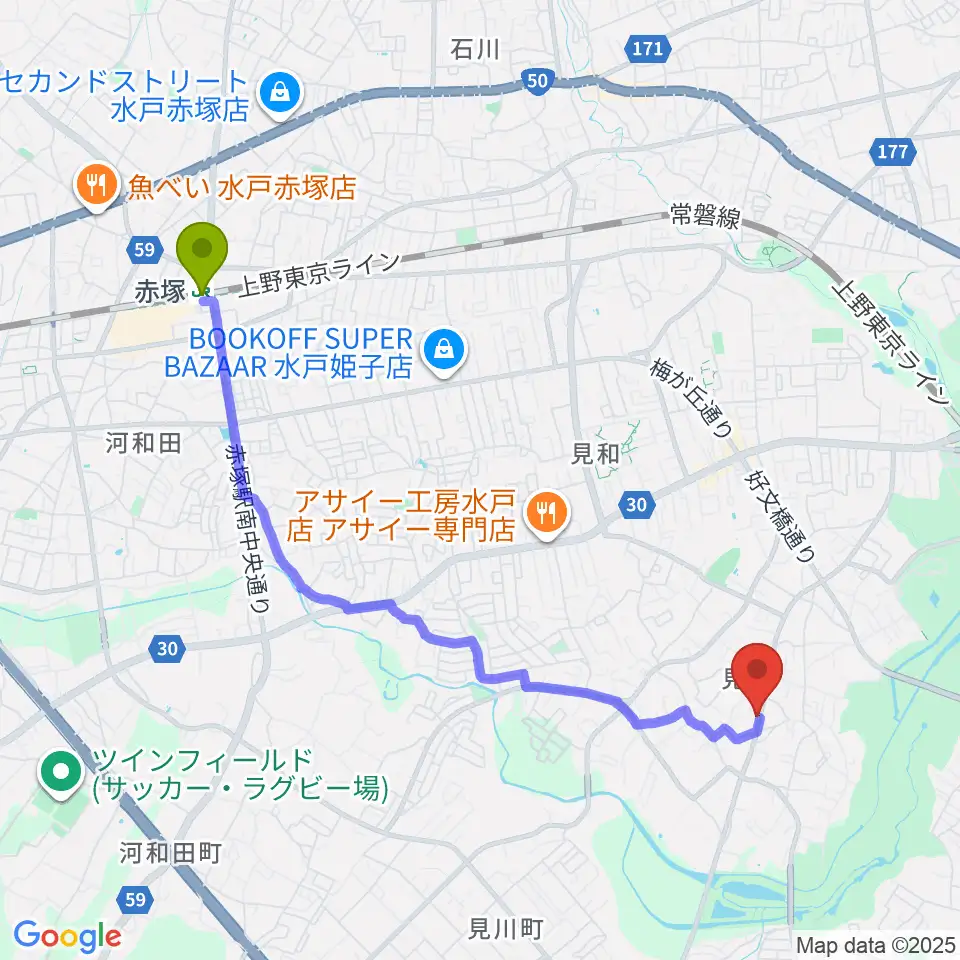 赤塚駅からフェリーチェ音楽教室へのルートマップ地図