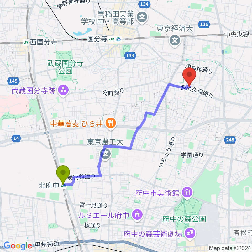 北府中駅からリンデピアノ教室へのルートマップ地図