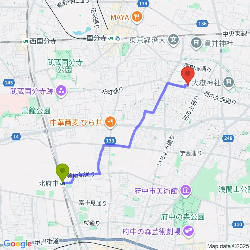 北府中駅からリンデピアノ教室へのルートマップ地図