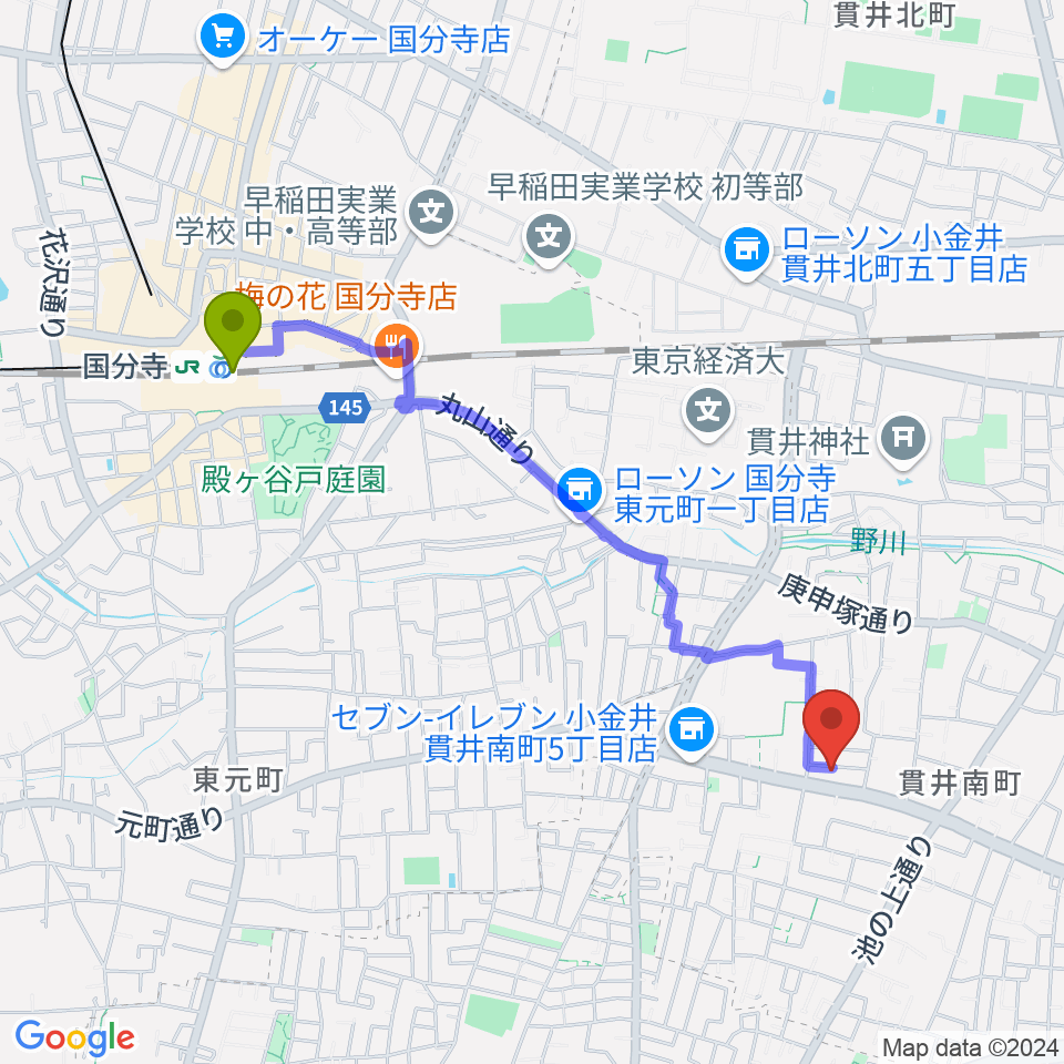 リンデピアノ教室の最寄駅国分寺駅からの徒歩ルート（約21分）地図