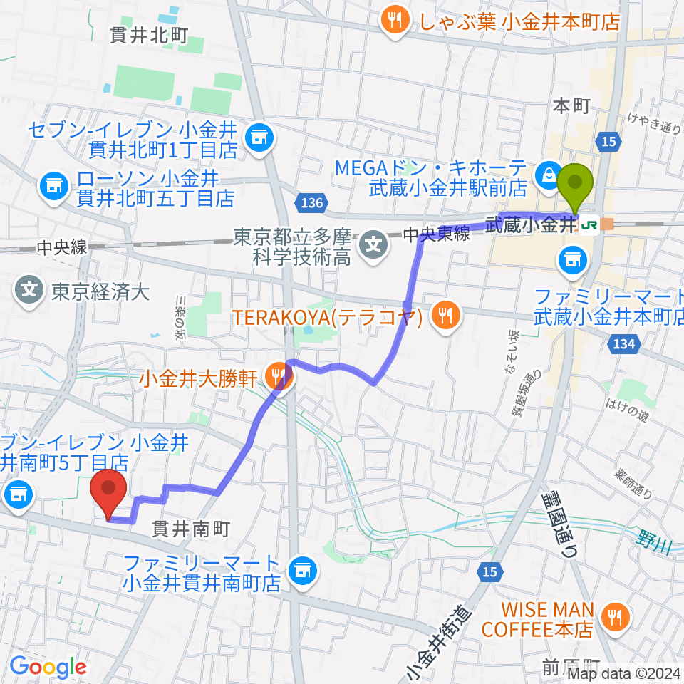 武蔵小金井駅からリンデピアノ教室へのルートマップ地図