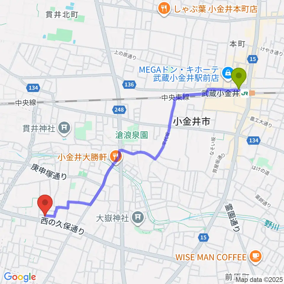 武蔵小金井駅からリンデピアノ教室へのルートマップ地図
