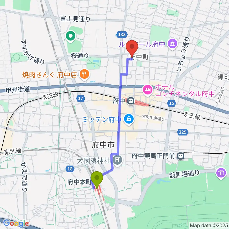 府中本町駅からリトル・ドロップス音楽教室へのルートマップ地図