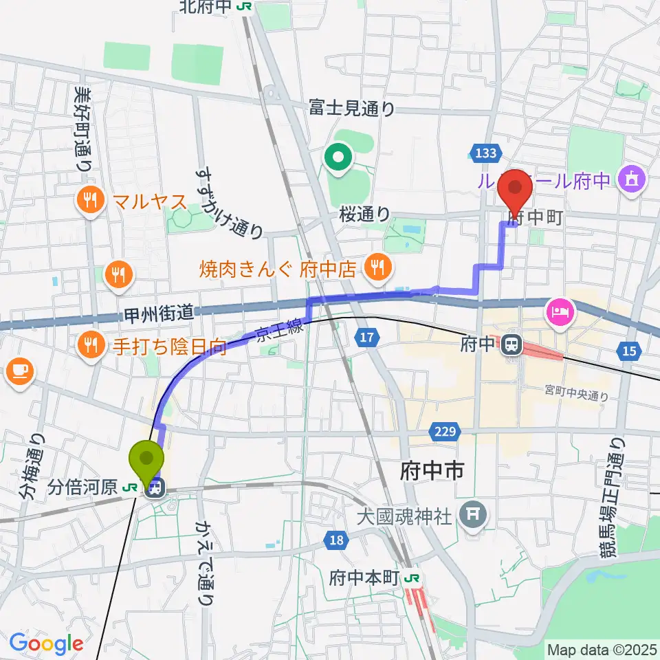 分倍河原駅からリトル・ドロップス音楽教室へのルートマップ地図