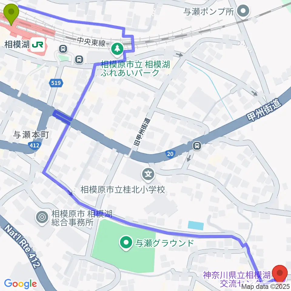 相模湖交流センターの最寄駅相模湖駅からの徒歩ルート（約10分）地図