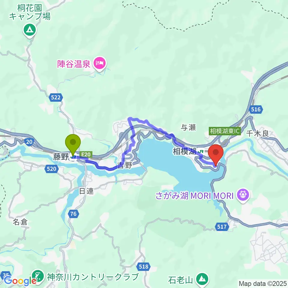 藤野駅から相模湖交流センターへのルートマップ地図