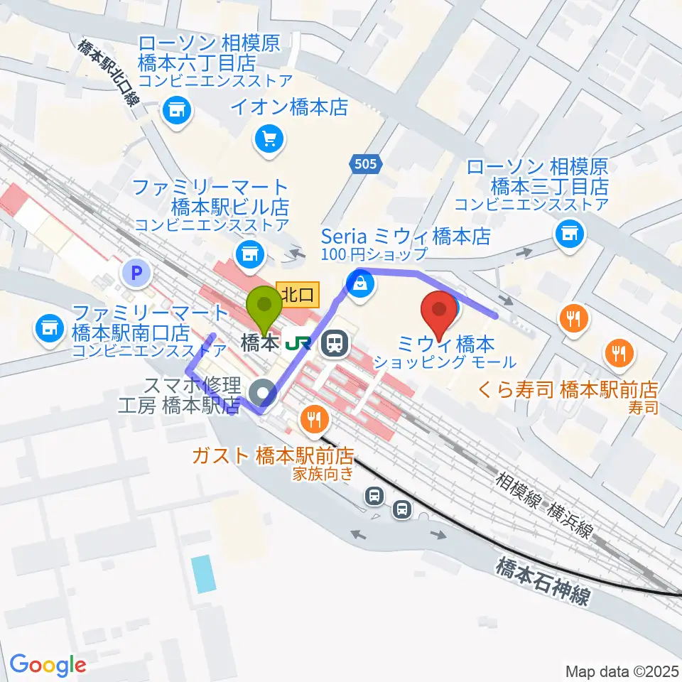 杜のホールはしもとの最寄駅橋本駅からの徒歩ルート（約2分）地図