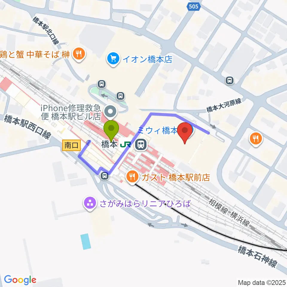 ほねごり杜のホールはしもとの最寄駅橋本駅からの徒歩ルート（約2分）地図