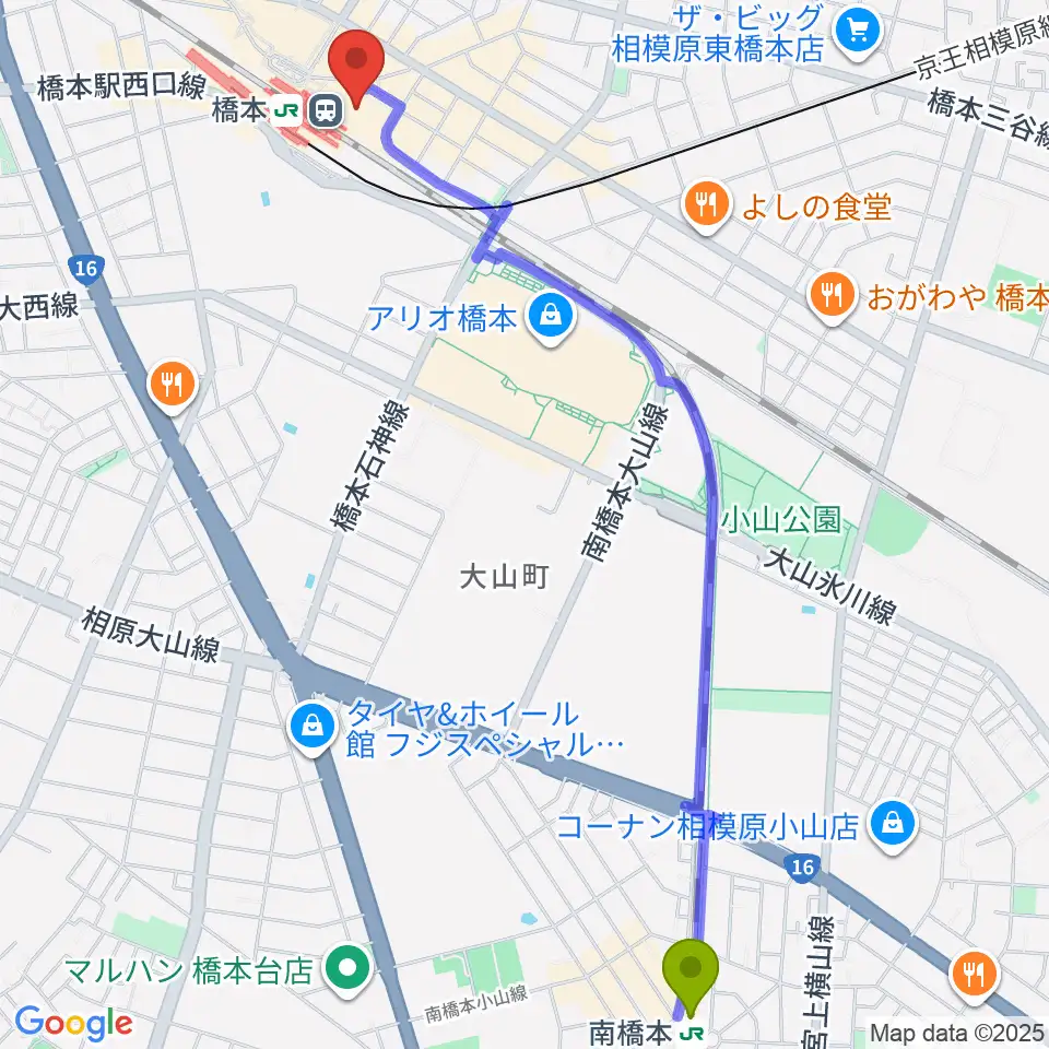 南橋本駅からほねごり杜のホールはしもとへのルートマップ地図