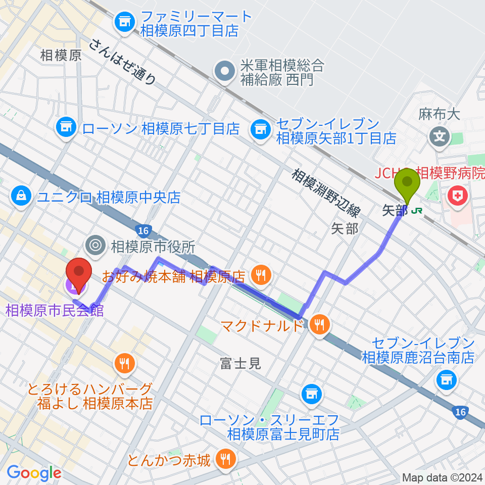 矢部駅から相模原市民会館へのルートマップ地図