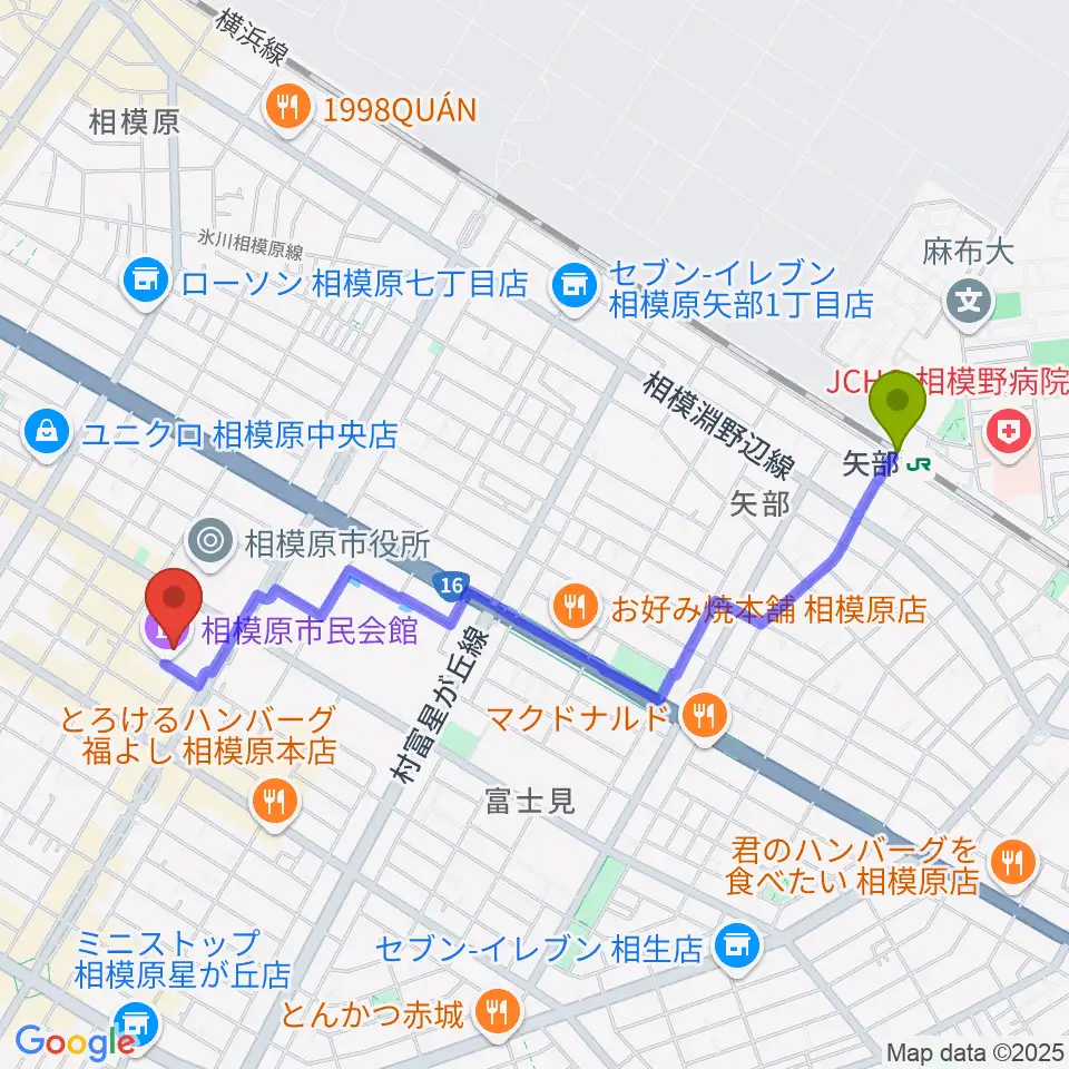 矢部駅から相模原市民会館へのルートマップ地図