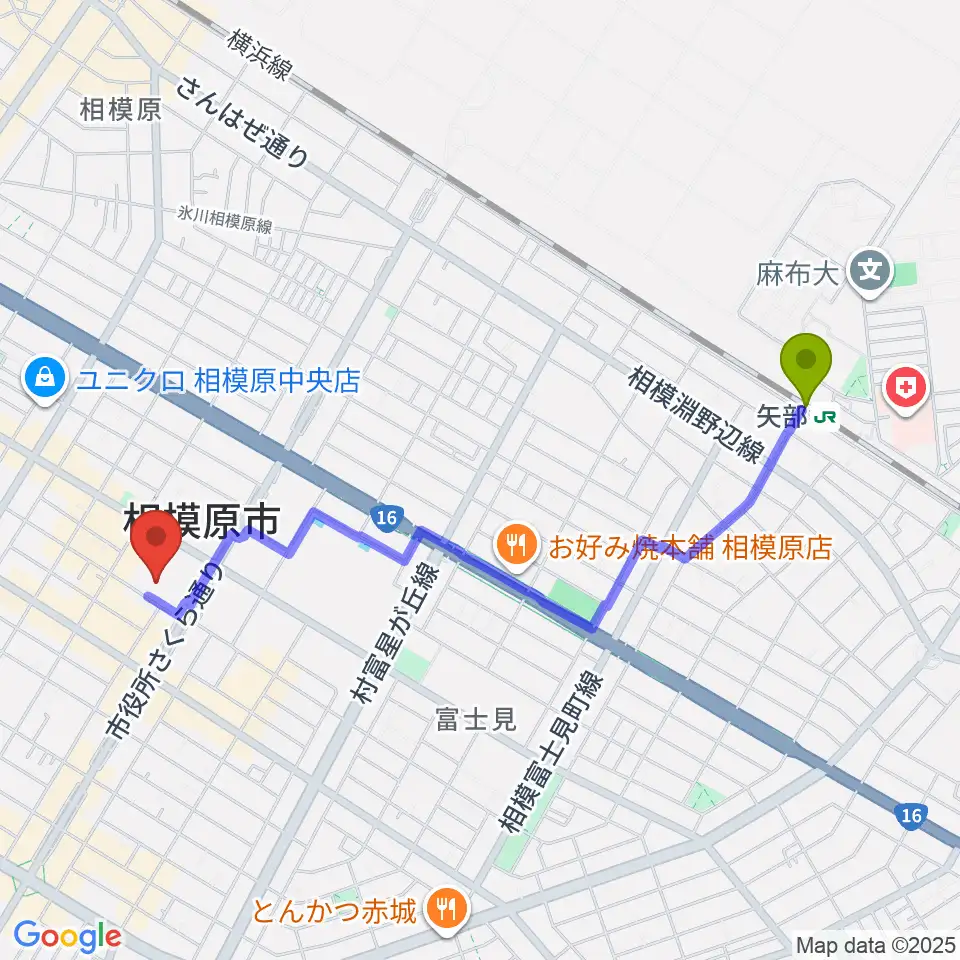 矢部駅から相模原市民会館へのルートマップ地図