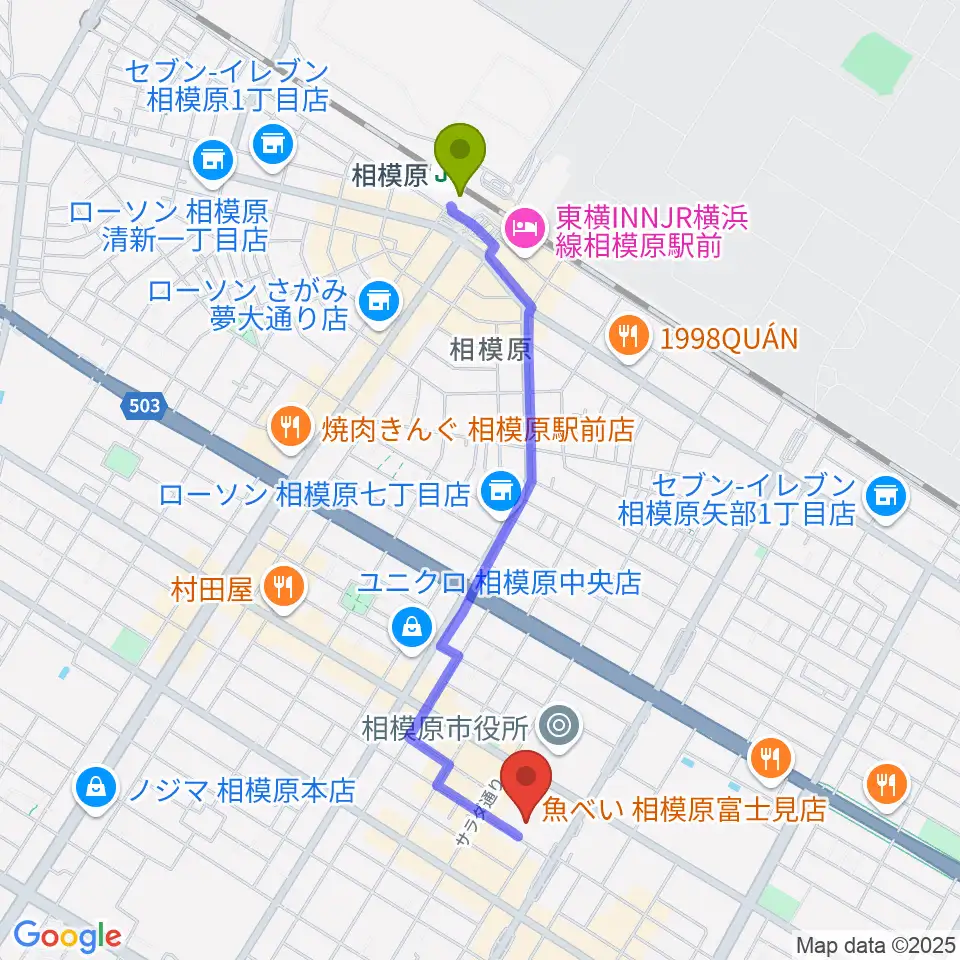 相模原市民会館の最寄駅相模原駅からの徒歩ルート（約20分）地図