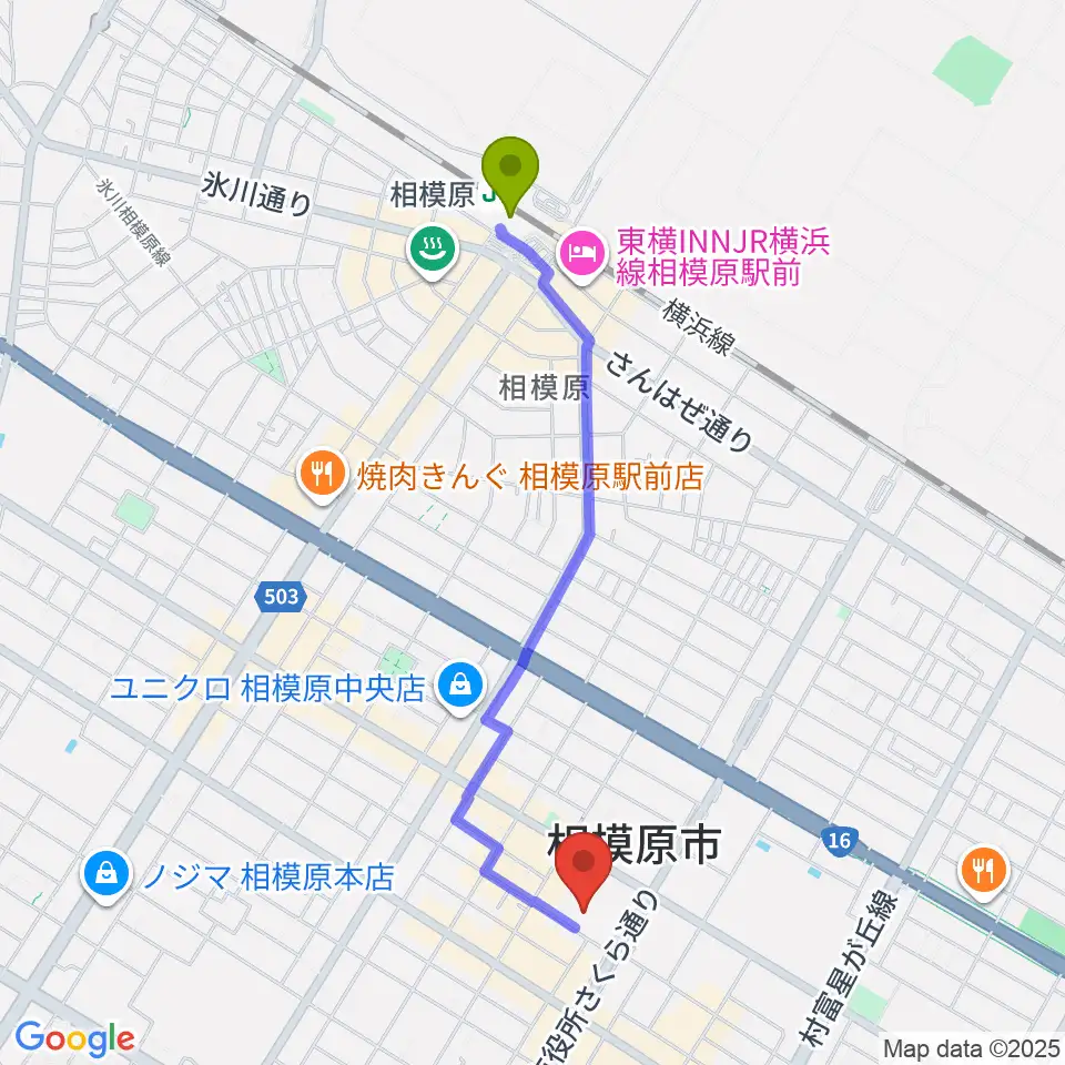 相模原市民会館の最寄駅相模原駅からの徒歩ルート（約20分）地図