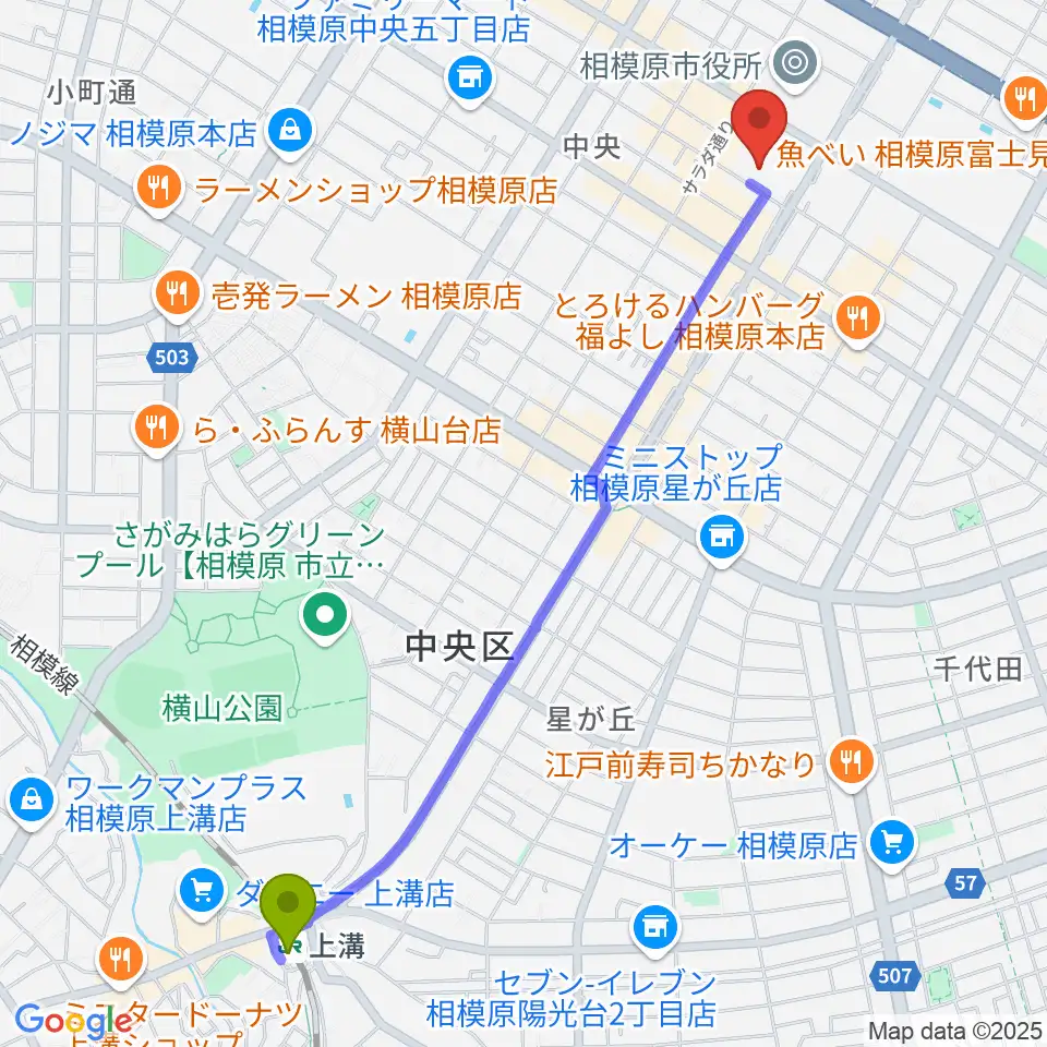 上溝駅から相模原市民会館へのルートマップ地図