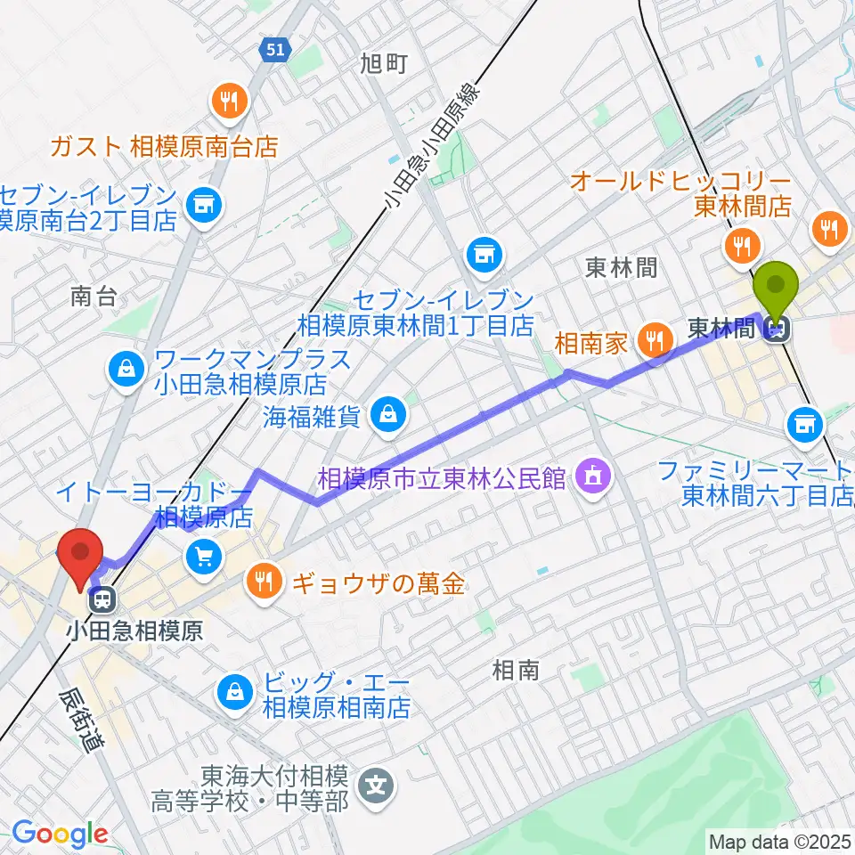 東林間駅からおださがプラザへのルートマップ地図