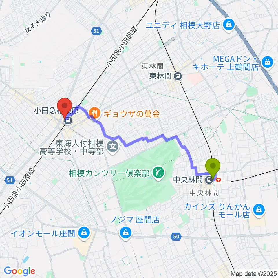 中央林間駅からおださがプラザへのルートマップ地図