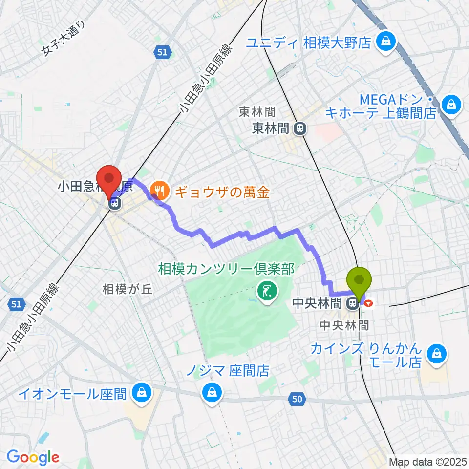 中央林間駅からおださがプラザへのルートマップ地図