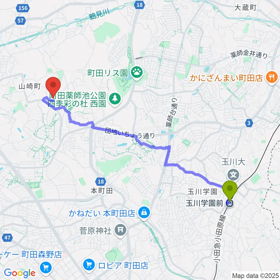 福間ピアノ音楽教室の最寄駅玉川学園前駅からの徒歩ルート（約46分）地図