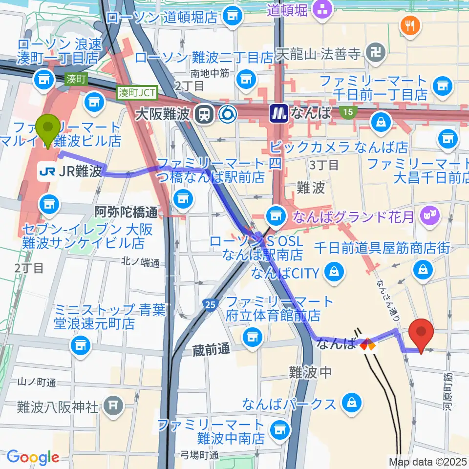 ＪＲ難波駅からおとぐら ＜音蔵＞へのルートマップ地図
