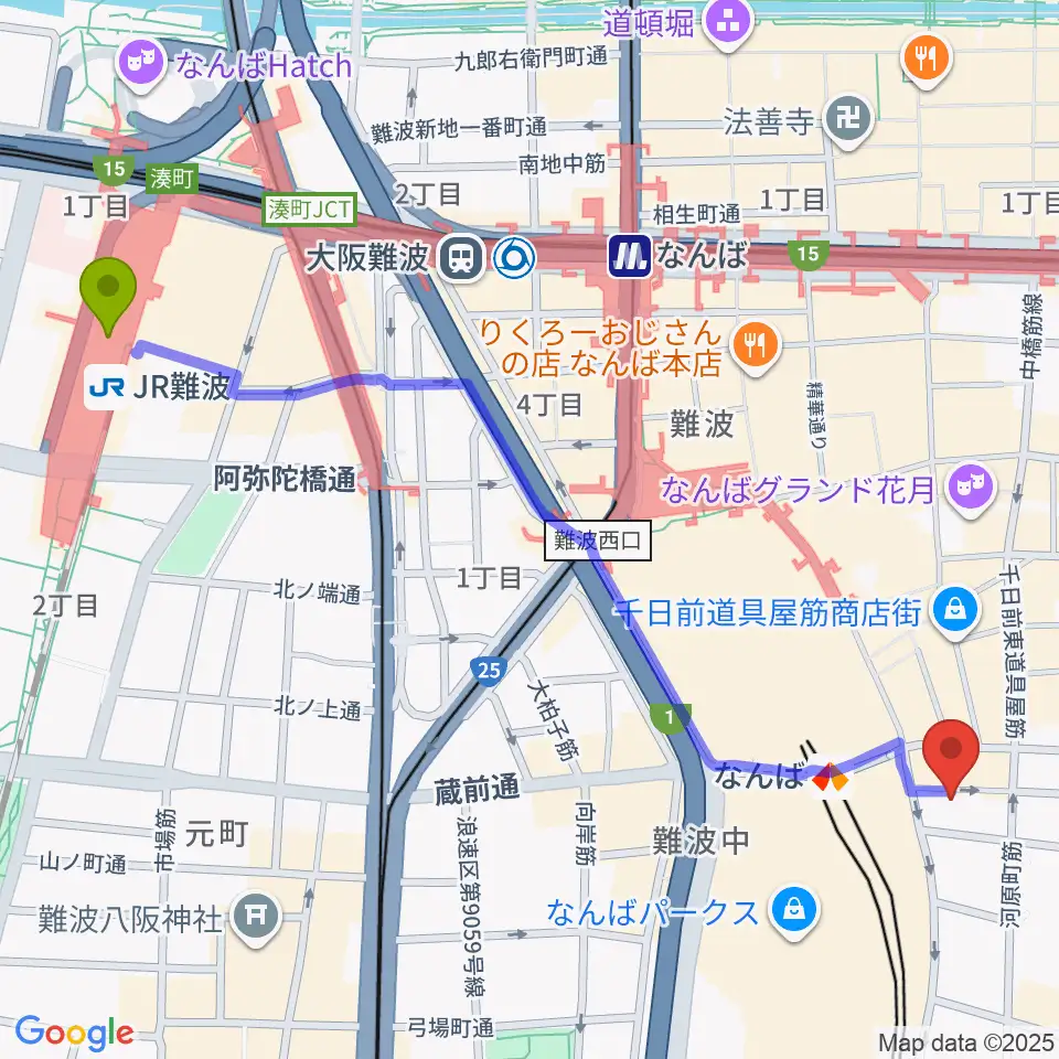 ＪＲ難波駅からおとぐら ＜音蔵＞へのルートマップ地図