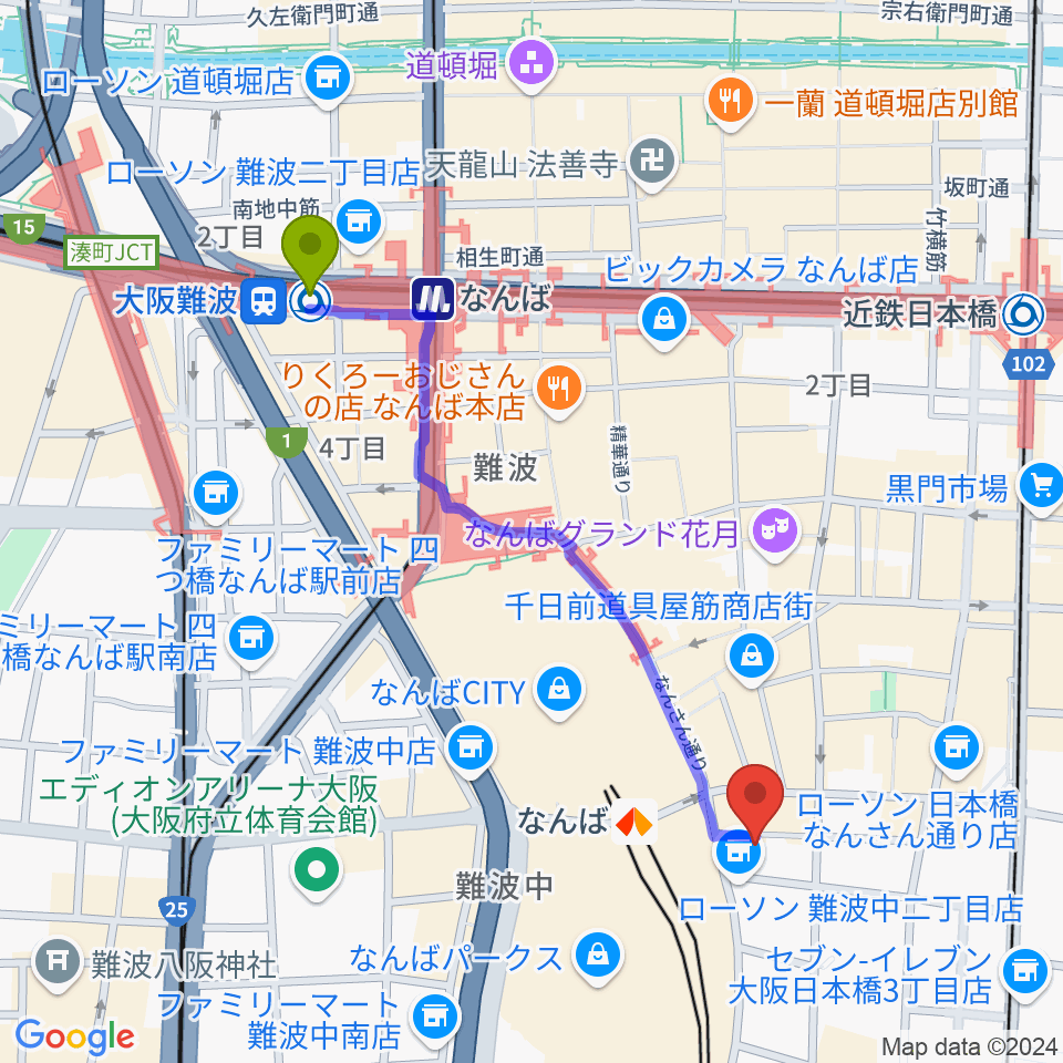 大阪難波駅からおとぐら ＜音蔵＞へのルートマップ地図