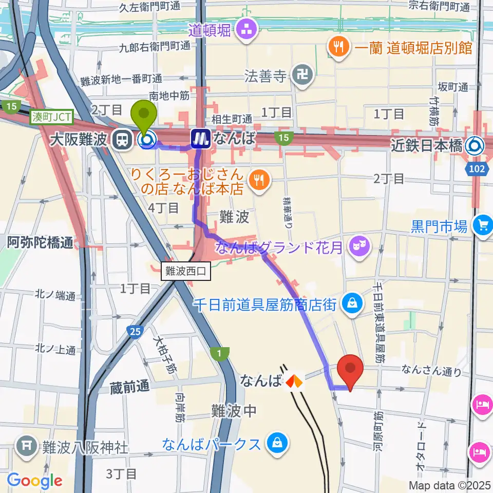 大阪難波駅からおとぐら ＜音蔵＞へのルートマップ地図