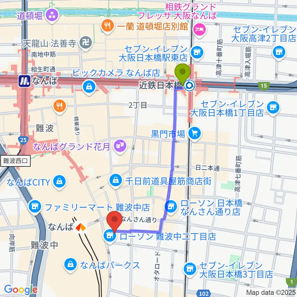 近鉄日本橋駅からおとぐら ＜音蔵＞へのルートマップ地図